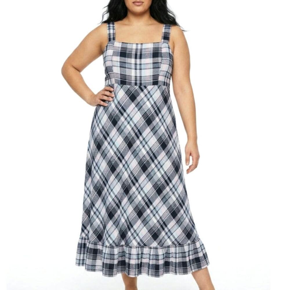 52 Seven Plaid Sleeveless A-Line Maxi Dress Ruffle Hem Blue White 18 Cottagecore